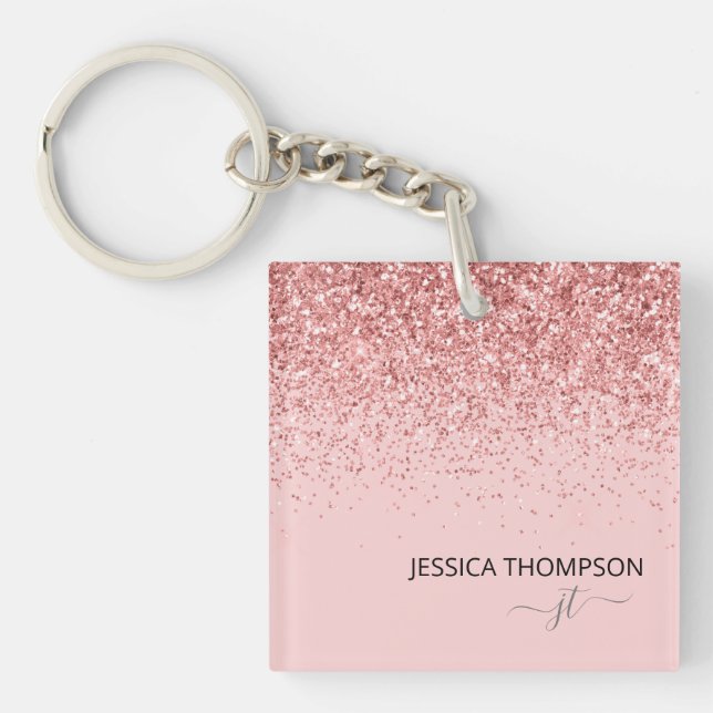 Girly Glitter Blush Pink Simple Monogram Name Key Ring (Front)