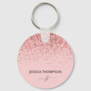 Girly Glitter Blush Pink Simple Monogram Name  Key Ring