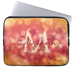 Girly Glitter Coral Orange Bokeh Initial Monogram Laptop Sleeve