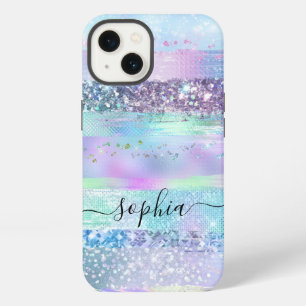 Girly Glitter Faux Holographic Pink Blue Purple iPhone 13 Case