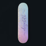 Girly Glitter Gold Confetti Personalised Rainbow Skateboard<br><div class="desc">Personalised girly skateboard featuring sparkly faux gold glitter confetti against a unicorn pastel pink,  purple,  blue and green background. Add your first name in a stylish trendy purple script with swashes.</div>