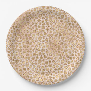 Girly Glitter Gold Peach Leopard Print Paper Plate