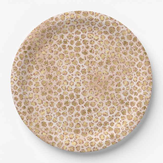 Girly Glitter Gold Peach Leopard Print Paper Plate (Front)