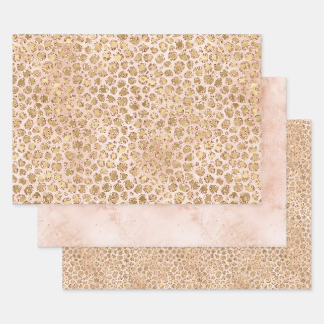 Girly Glitter Gold Peach Leopard Print Wrapping Paper Sheet (Set)