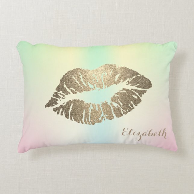 Girly Glitter Lips Holographic Iridescent Decorative Cushion (Front)