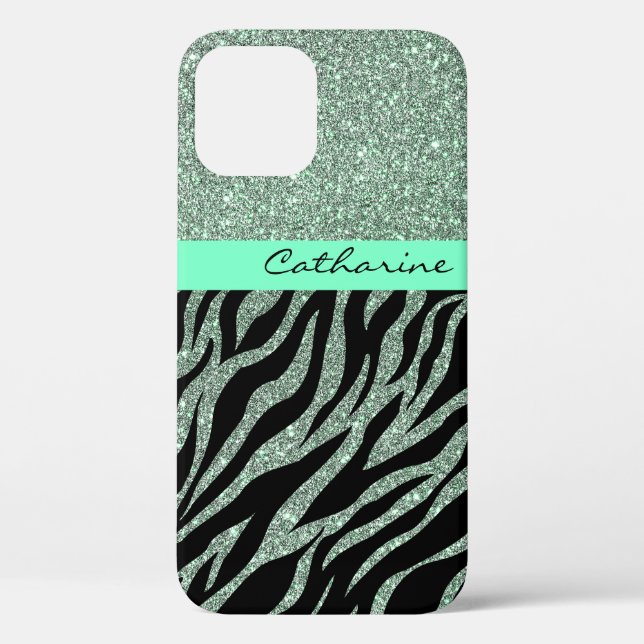 Girly Glitter Mint Green Teal Animal Zebra Pattern Case-Mate iPhone Case (Back)