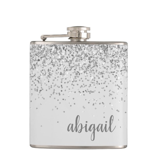 Girly Glitter Personalised Silver Monogram Name Hip Flask (Front)