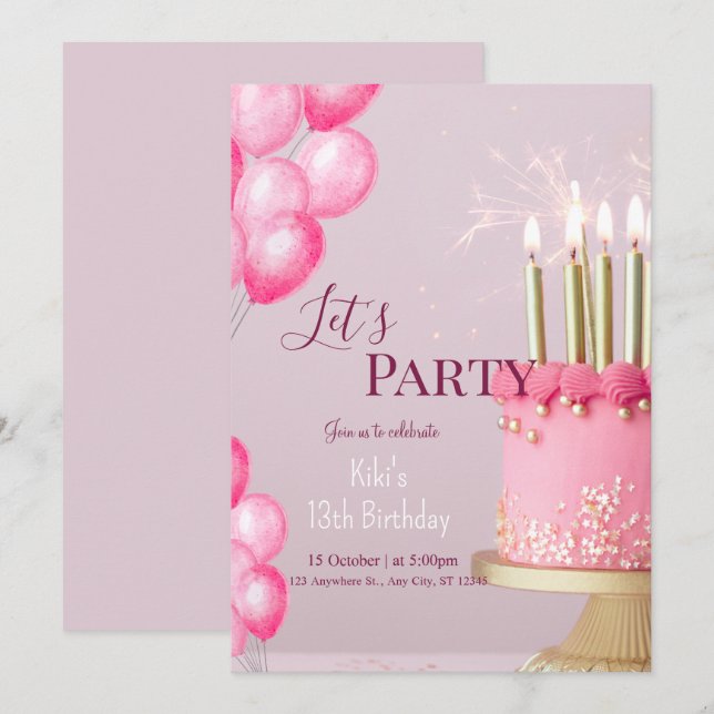 girly glitter pink cute birthday  invitation (Front/Back)