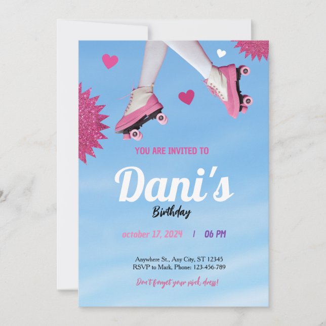girly glitter pink cute blue sky birthday invitation (Front)