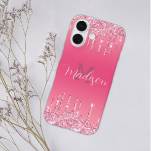 Girly Glitter Pink Drip Glam Monogram Add Name iPhone 16 Case