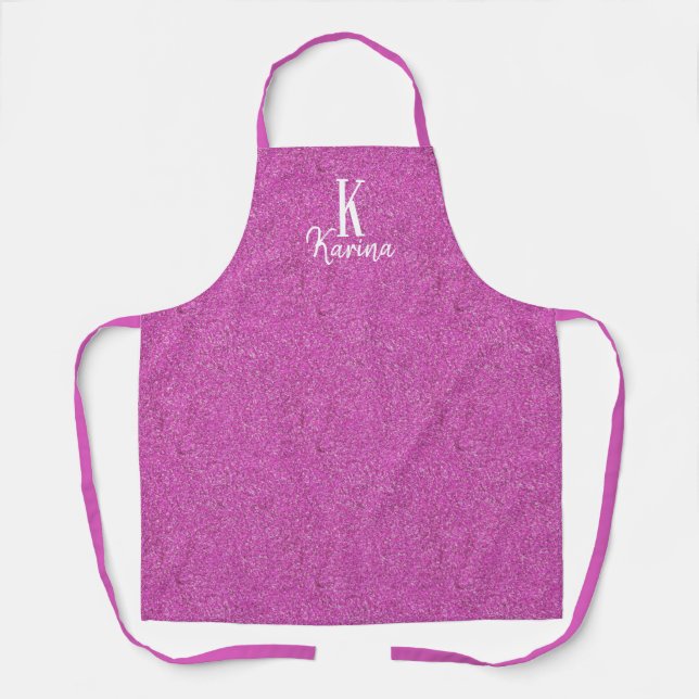 Girly glitter pink monogram and name apron (Front)