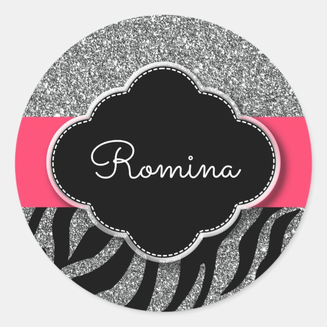 Girly Glitter Pink Zebra Pattern Personalised Name Classic Round Sticker (Front)