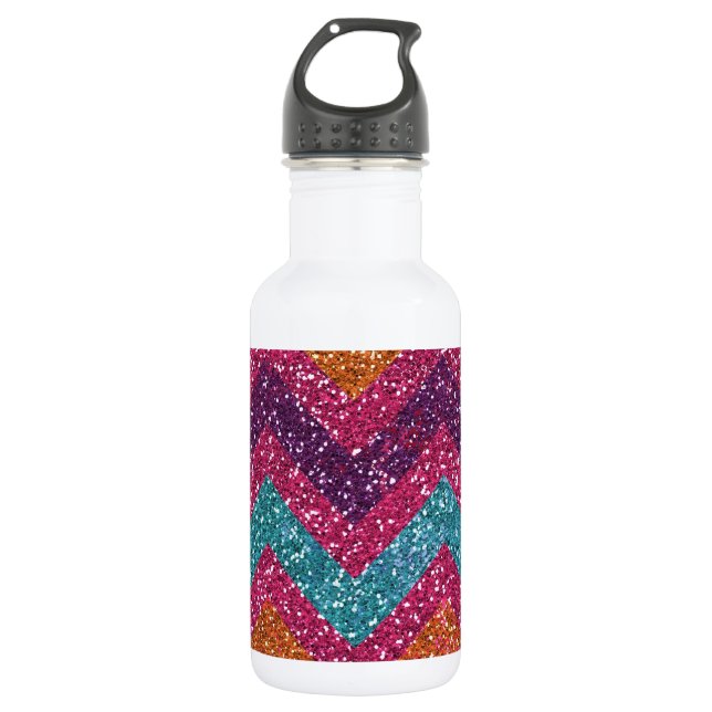 Girly Glitter Print Chevron Stripes Teal Pink 532 Ml Water Bottle (Front)