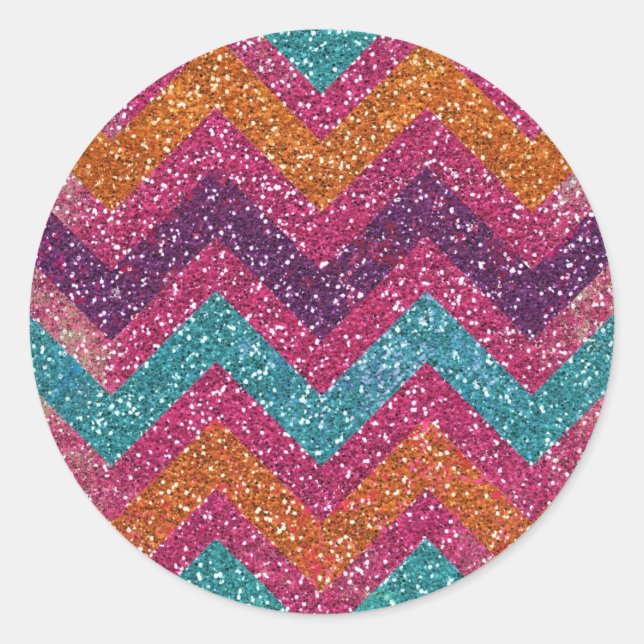 Girly Glitter Print Chevron Stripes Teal Pink Classic Round Sticker (Front)