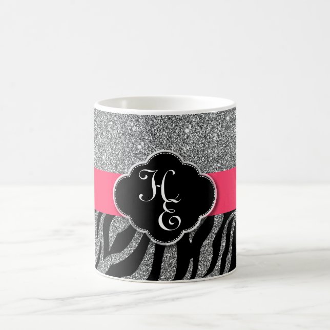 Girly Glitter Silver Pink Zebra Add Your Initials Coffee Mug (Center)