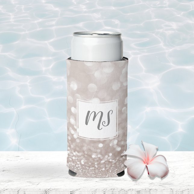 Girly Glitter Sparkle Glam Initial Monogram Seltzer Can Cooler (Creator Uploaded)