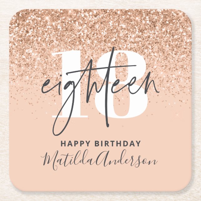 Girly glitter sparkle modern 18th birthday party square paper coaster (Front)