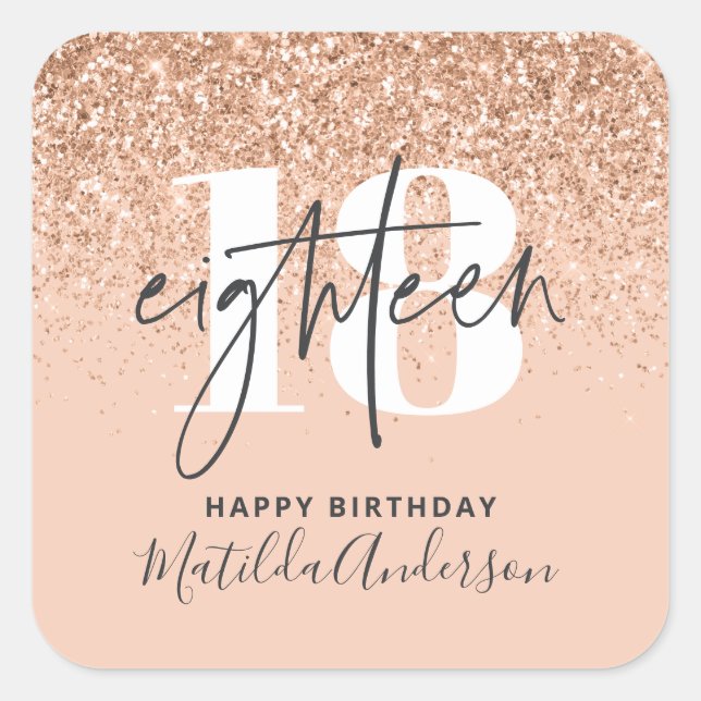 Girly glitter sparkle modern 18th birthday party square sticker (Front)