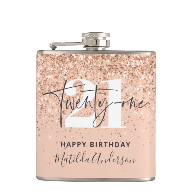 Girly glitter sparkle modern 21st birthday hip flask (Front)