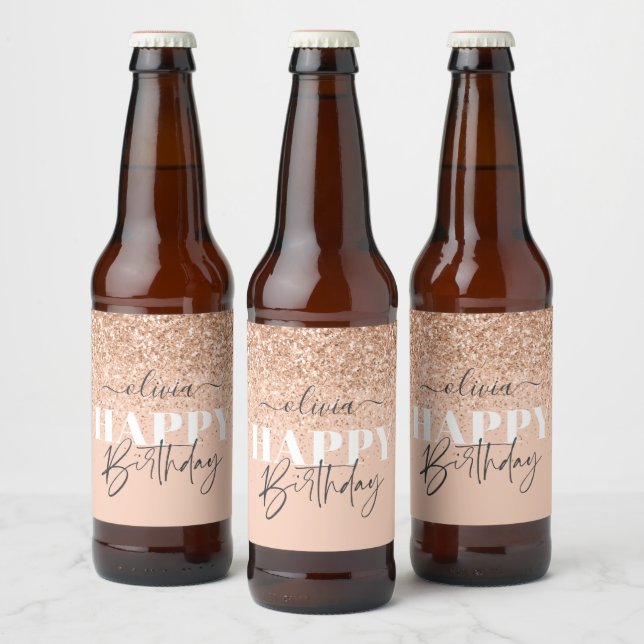 Girly glitter sparkle modern rose gold birthday beer bottle label (Bottles)