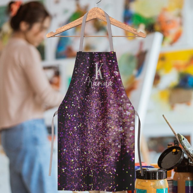 Girly glitter sparkle purple silver name monogram apron (Creator Uploaded)