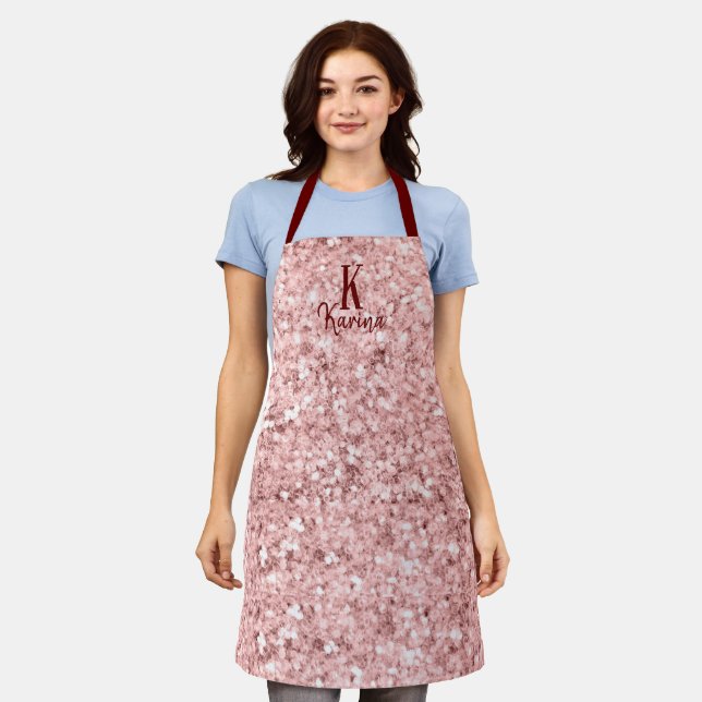 Girly glitter sparkle rose gold pink name monogram apron (Worn)