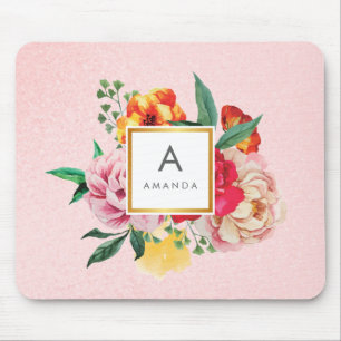 Girly Glitter Watercolor Peony Flowers Monogram Mouse Mat