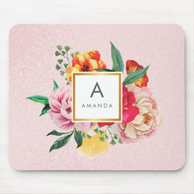 Girly Glitter Watercolor Peony Flowers Monogram Mouse Mat (Front)