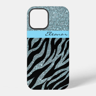 Girly Glitter Zebra Animal Print Pattern Teal Mint iPhone 12 Case