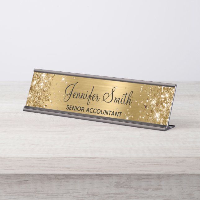 Girly Glittery Faux Gold Foil Desk Name Plate (Front)