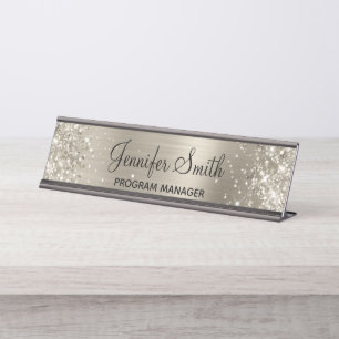 Girly Glittery Faux Platinum Foil Desk Name Plate
