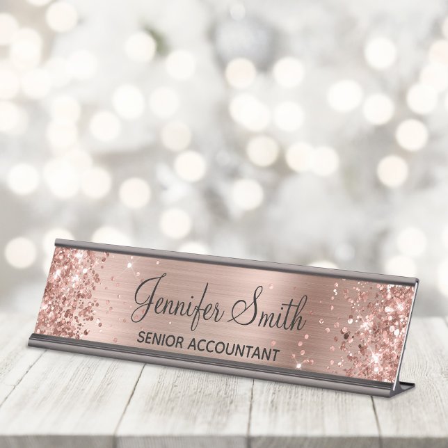 Girly Glittery Faux Rose Gold Foil Desk Name Plate (Girly glam desktop name plate for her.)