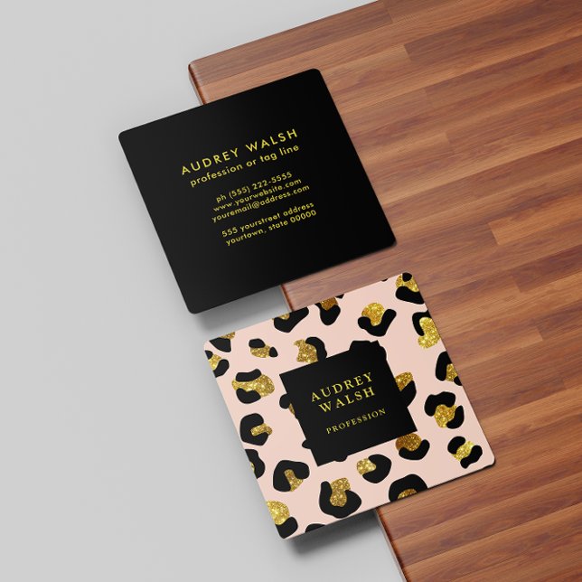 Girly Glittery Gold Blush Leopard print  Luxury Square Business Card (Creator Uploaded)