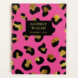 Girly Glittery Gold Fuchsia Leopard Print Luxury Planner