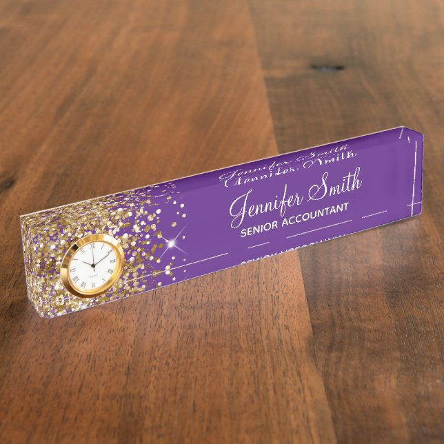 Girly Glittery Gold Glam Royal Purple Nameplate (Side)