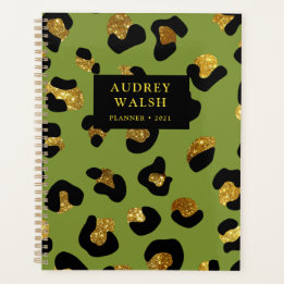 Girly Glittery Gold Green Leopard Print Luxury Planner