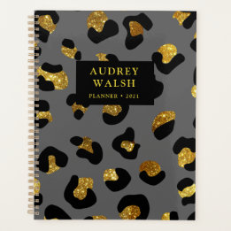 Girly Glittery Gold Grey Leopard Print Luxury Planner