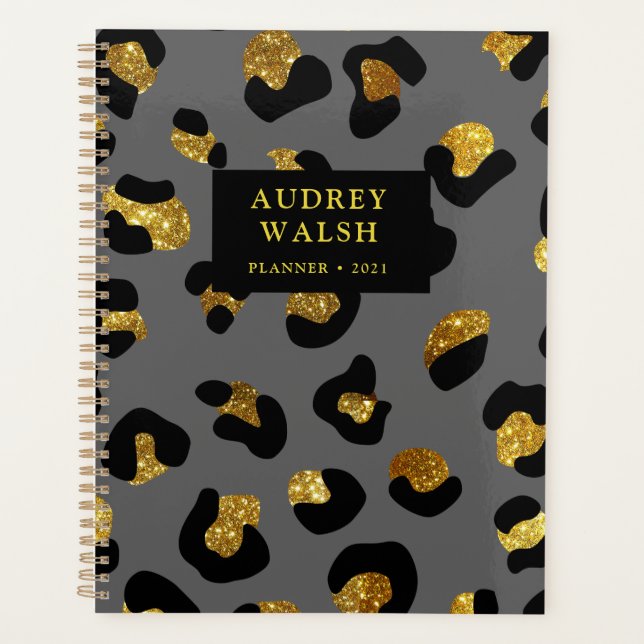 Girly Glittery Gold Grey Leopard Print Luxury Planner (Front)