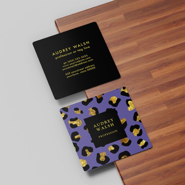 Girly Glittery Gold Purple Leopard print  Luxury Square Business Card (Creator Uploaded)