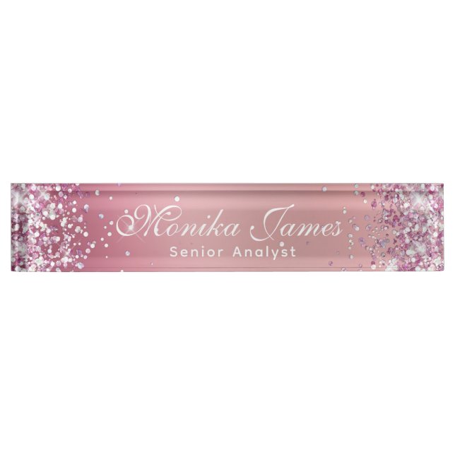 Girly Glittery Holographic Faux Rose Gold Custom Nameplate (Front)