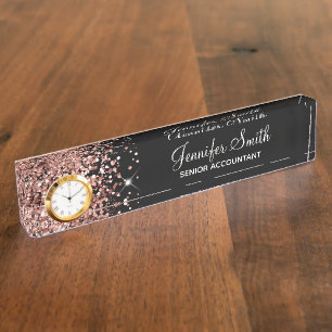 Girly Glittery Rose Gold Glam Black Nameplate