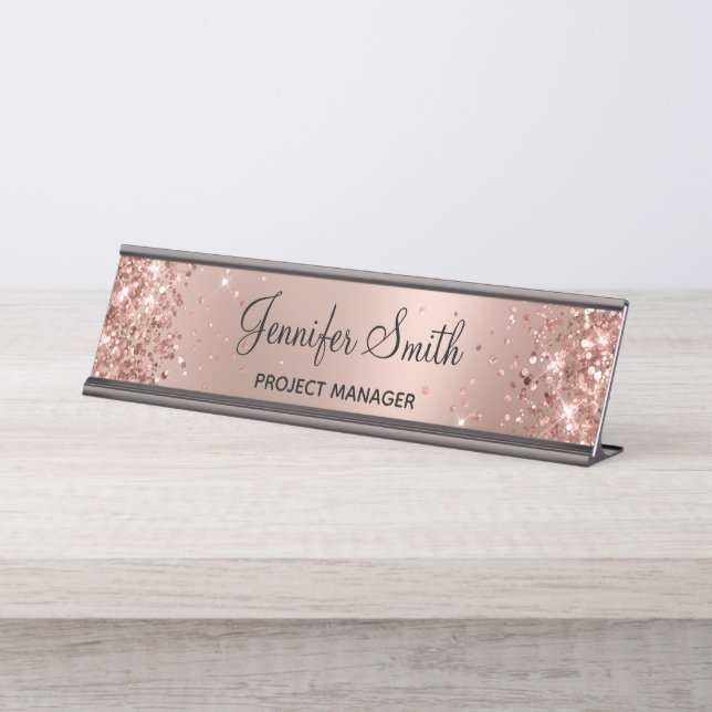 Girly Glittery Rose Gold Glam Gradient Desk Name Plate (Front)