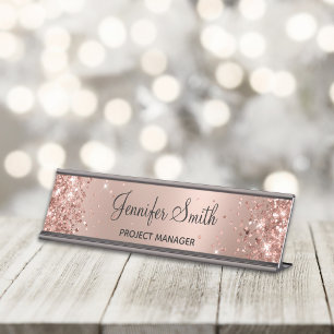 Girly Glittery Rose Gold Glam Gradient Desk Name Plate