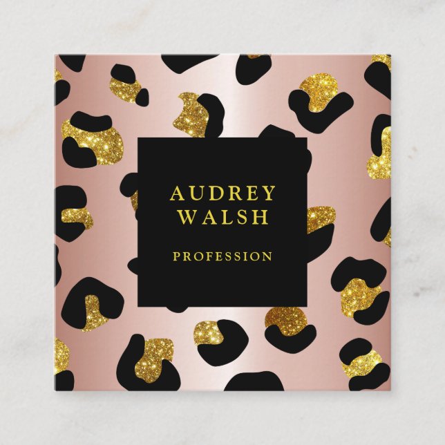 Girly Glittery Rose Gold Leopard print  Luxury Square Business Card (Front)