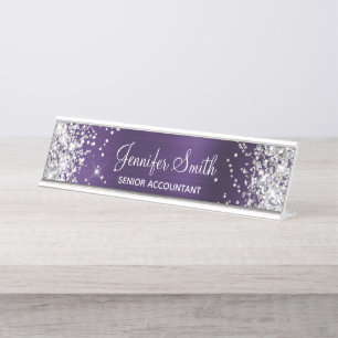 Girly Glittery Silver Faux Dark Violet Foil Desk Name Plate
