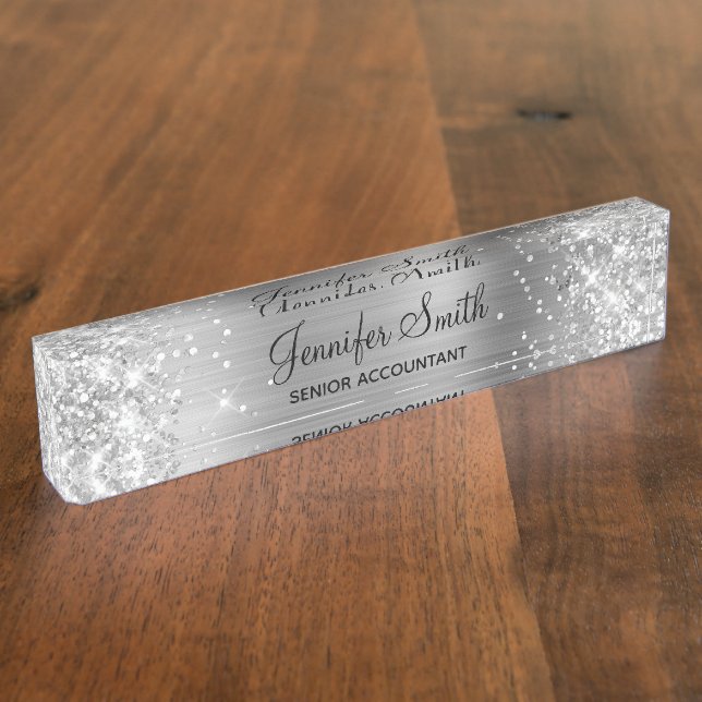 Girly Glittery Silver Faux Foil Nameplate (Side)