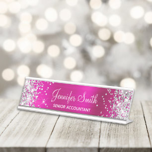 Girly Glittery Silver Faux Hot Pink Foil Desk Name Plate
