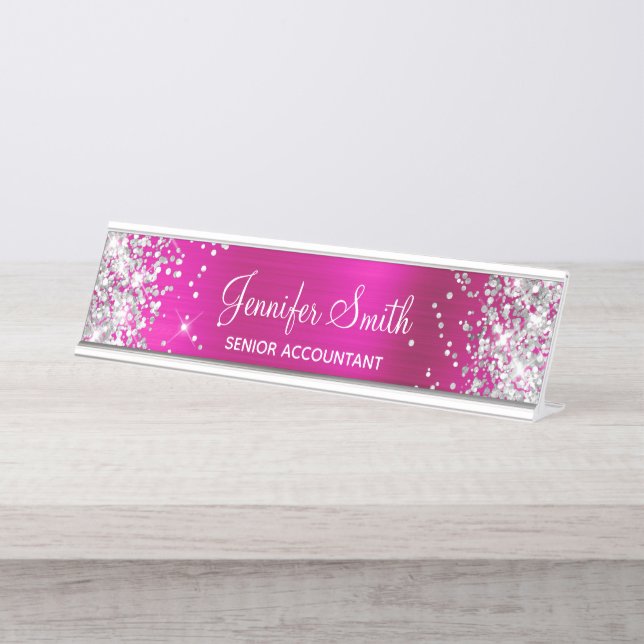Girly Glittery Silver Faux Hot Pink Foil Desk Name Plate (Front)