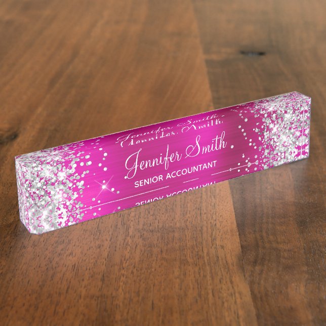Girly Glittery Silver Faux Hot Pink Foil Nameplate (Side)