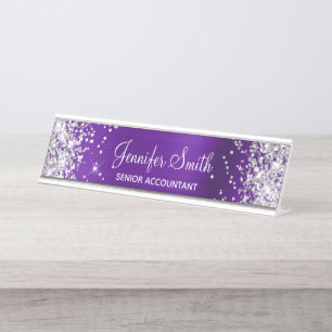 Girly Glittery Silver Faux Indigo Purple Foil Desk Name Plate